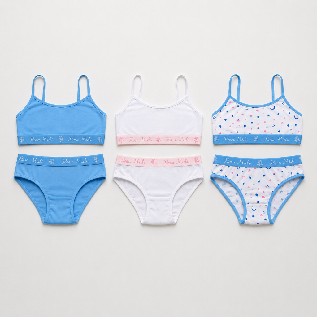 Kit 3 Conjunto Juvenil Feminino com Top e Calcinha em Algodão Cores Sortidas