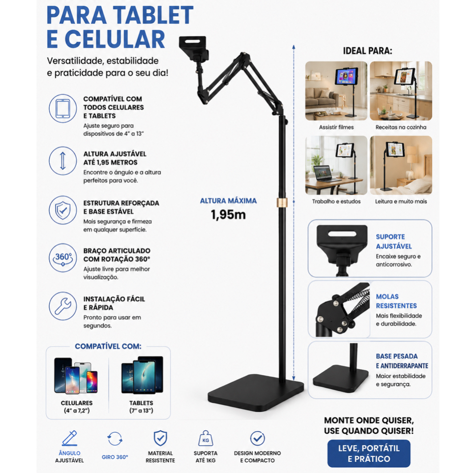 Pedestal Suporte Articulado Profissional Metal Tablet Celular Cantor Metálico 360 graus Suporta 1kg