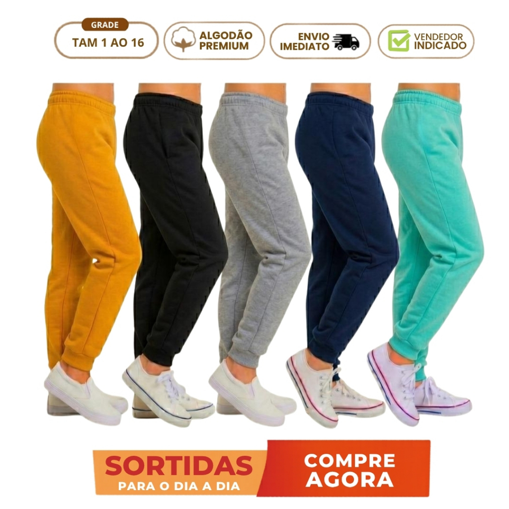 Kit 3 Calça Moletom Infantil Menino e Menina Algodão Flanelada Quente Forrada Inverno Lisa com Punho Escolar 1 a 16 anos
