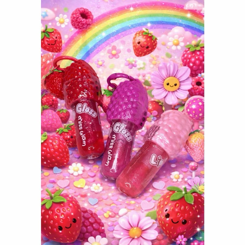 Kit 3 Gloss labial hidratante com aroma de morango que muda de cor, vem com um chaveiro, um presente encantador.