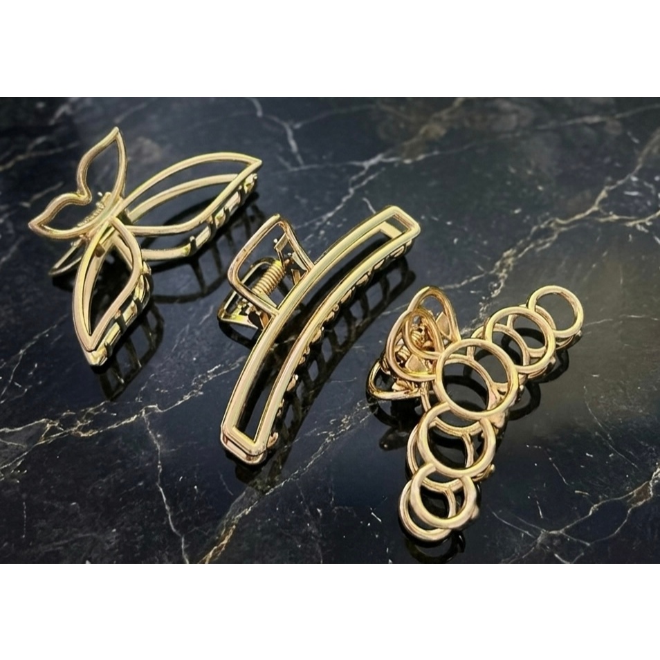 Kit 3 Prendedores de Cabelo Feminino Piranha de Metal Dourado/Prata 7,5 cm