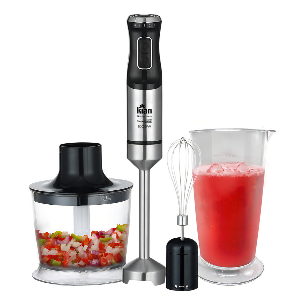 Mixer 3 em 1 1000W Inox Kian Mixer Eletrico 3 em 1 Turbo Processador, Triturador e Copo 700ml Preto