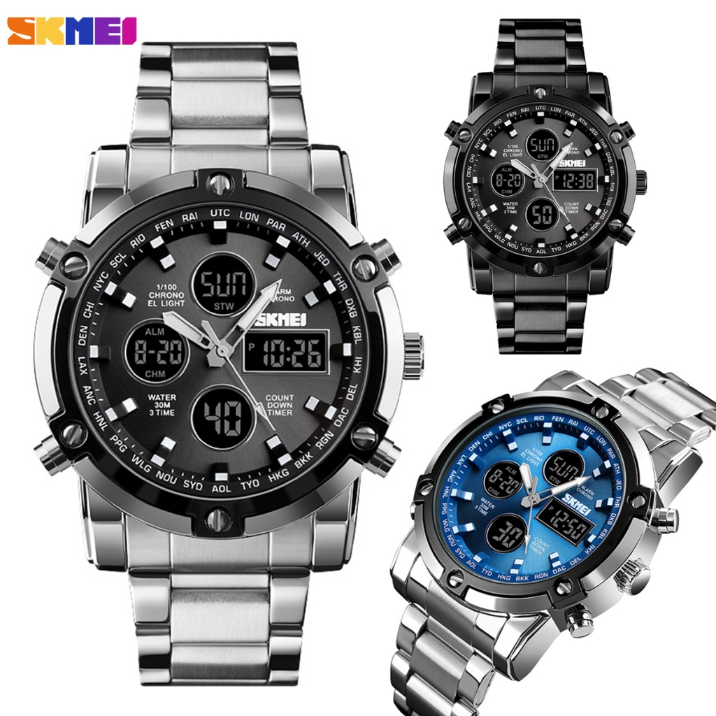 SKMEI 1389 Relogio Masculino Analogico e Digital Casual Relógio de quartzo com pulseira de aço inoxidável e LED digital