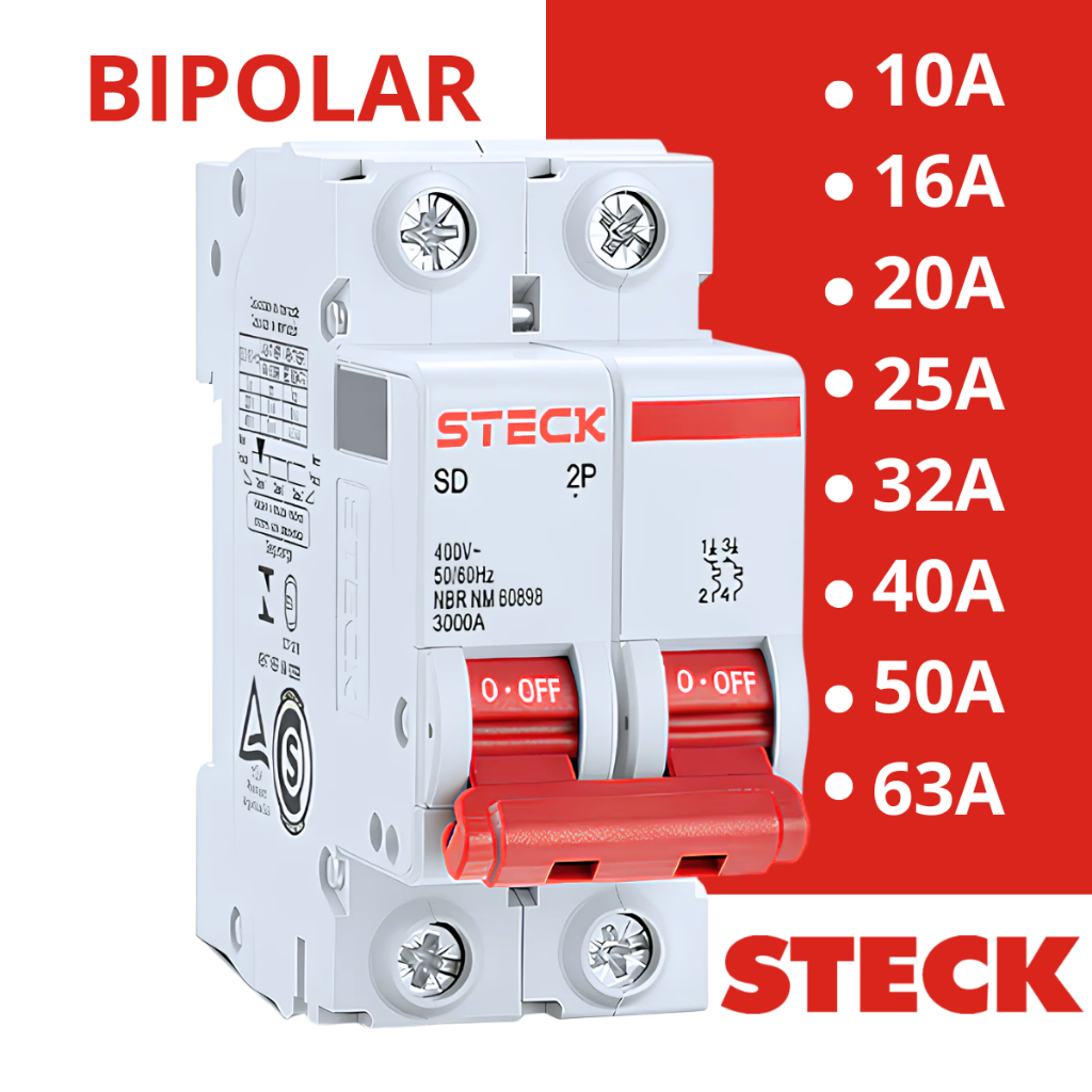 Disjuntor Bipolar 2 Polos Curva C 10A 16A 20A 25A 32A 40A 50A 63A STECK