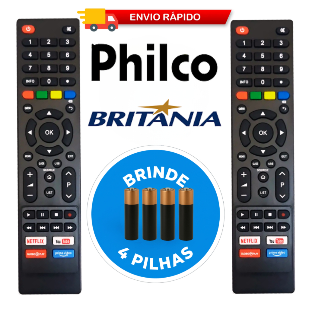 Kit Controle Remoto TV Philco e Britânia Smart Compatível com Teclas Netflix, Globoplay, YouTube