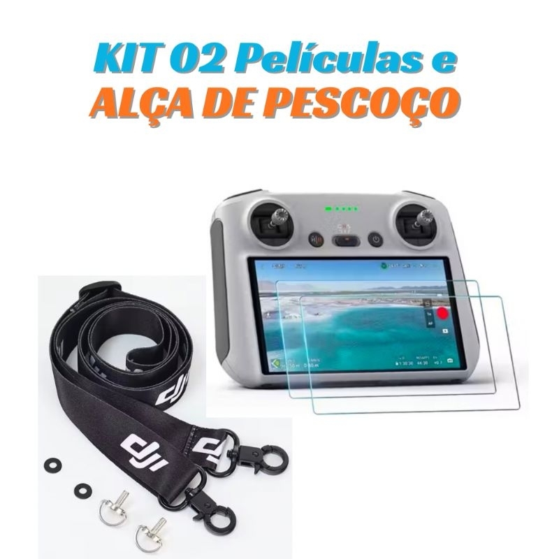 Kit 02 Películas de Vidro e 01 Alça Pescoço Para Controle Remoto DJI RC/ RC 2/ RC PRO | Frete grátis | Envio Imediato
