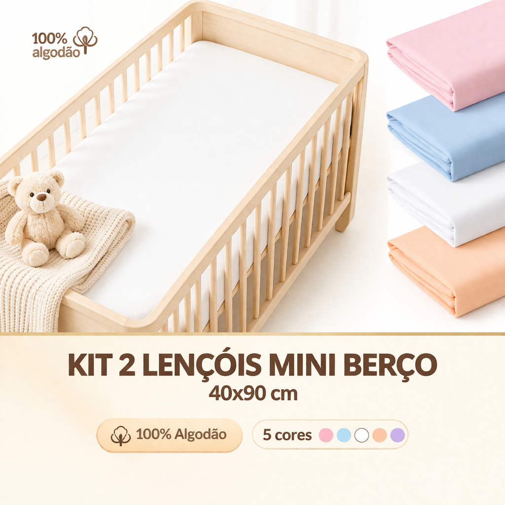 Kit com 2 lençol para mini berço 40 X 90cm com elástico em malha 100% algodão