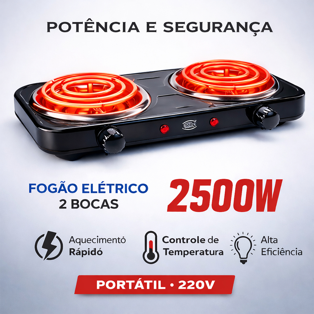 Fogão Elétrico 1 & 2 Bocas 1200W 2500W Portátil 220V  Esquenta Rápido + Compacto Potente