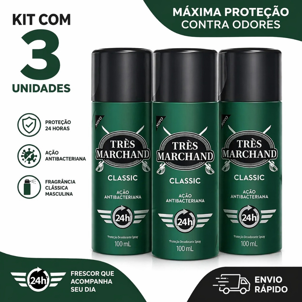 Desodorante Spray Masculino Três Marchand Classic 100ml Kit com 3 Antibacteriano 24h