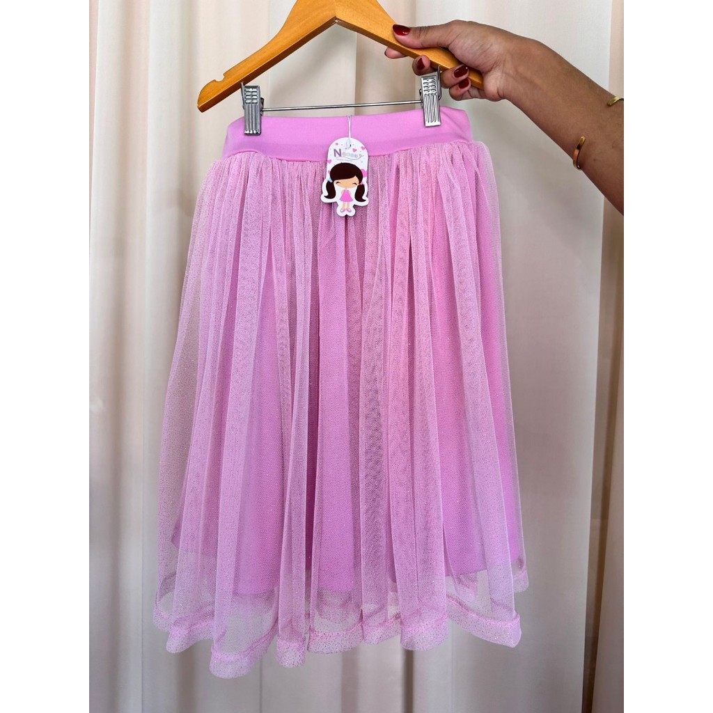 Saia Infantil de Tule com Brilho Cor Rosa Chiclete – Moda Evangélica – 10 a 14 Anos