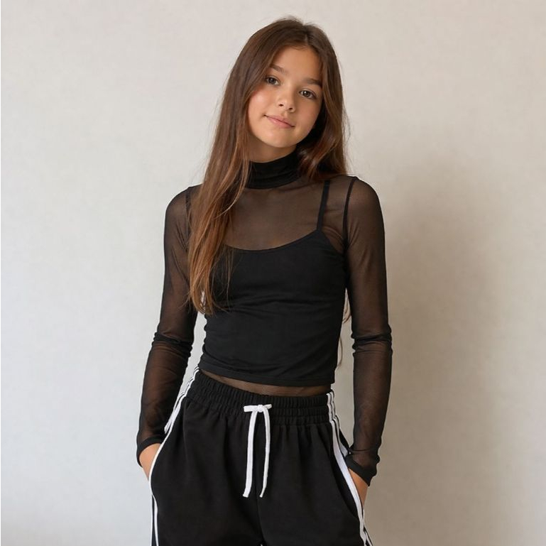 Blusa Tule Juvenil Feminina Transparente Manga Longa Gola Alta Moda Tendência