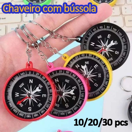 Kit com 10/20/30 Unidades Chaveiro de Bússola Mini Metálica Portátil，Pingente para Acampamento e Caminhada