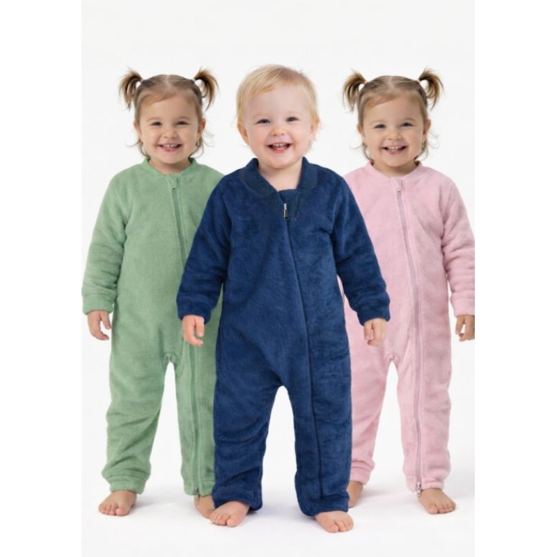 Macacão Bebê Fleece Inverno Quentinho Zíper Frontal Menino Menina 1 a 3 Anos