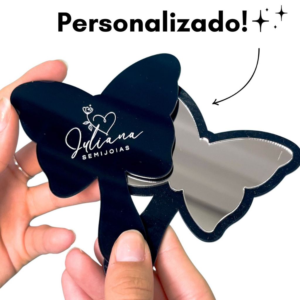 10 Espelhos de Bolsa Personalizados Logo Borboleta Mini Acrílico com Cabo Brinde Empresa Estética