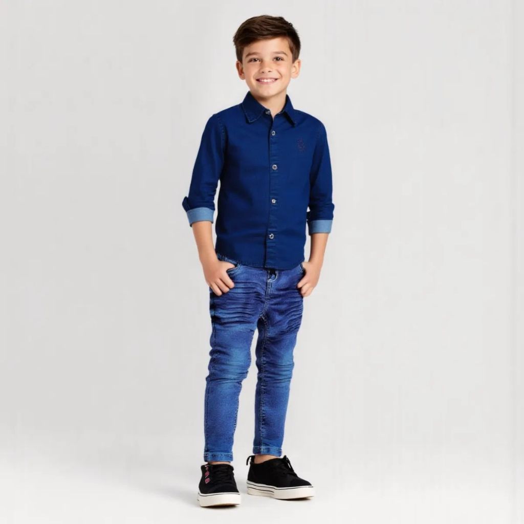 Combo camisa jeans manga longa e calça jeans com elastano Tam 1a 16 anos.