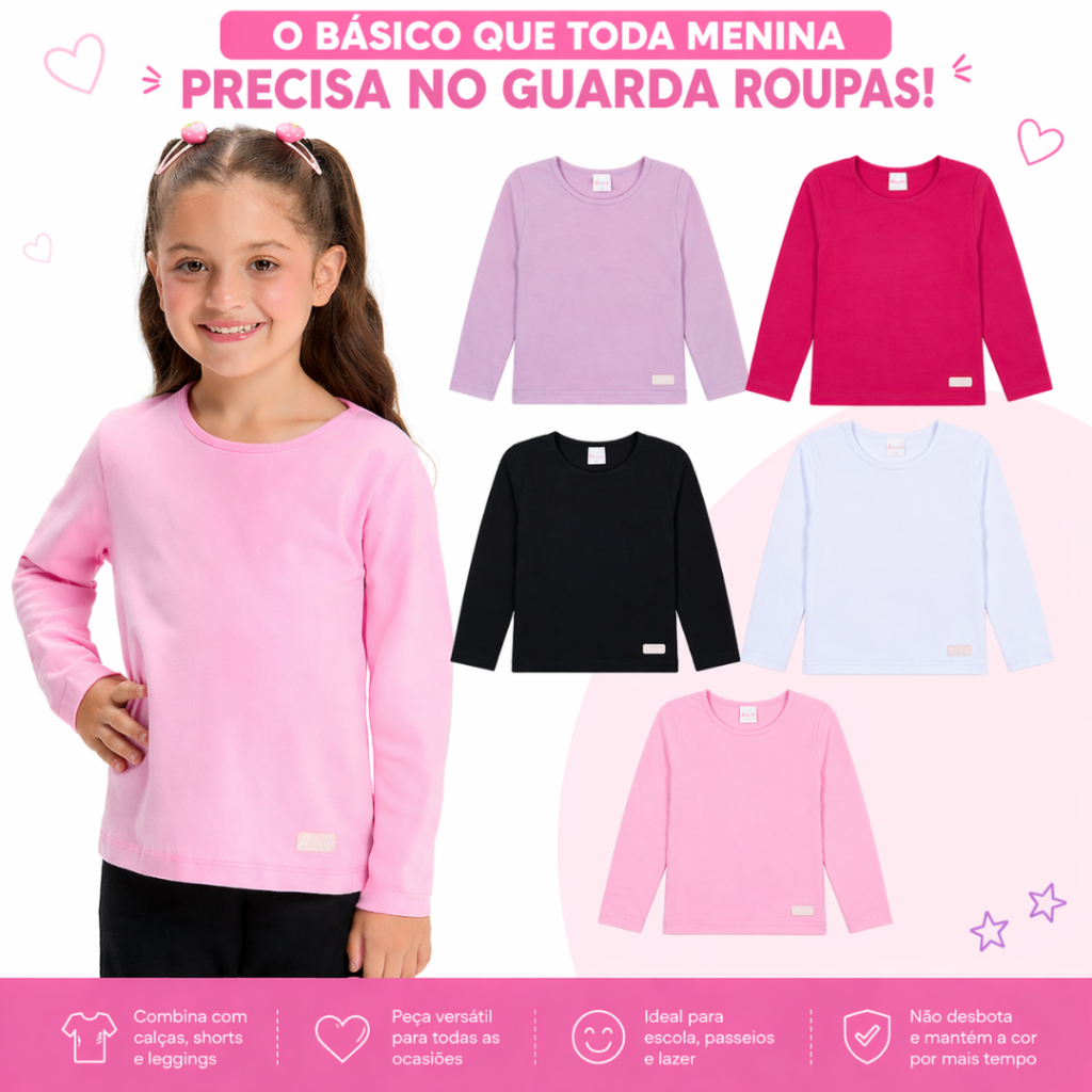 Kit Blusa Manga Longa Infantil Menina Algodão Lisa 2 ao 10 anos