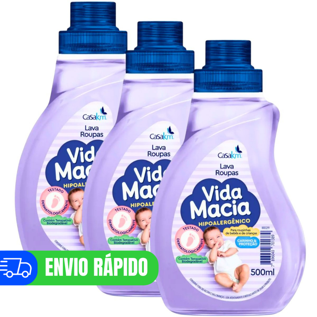 Kit 3 Lava Roupas de Bebê Vida Macia Sabão Liquido 500ml