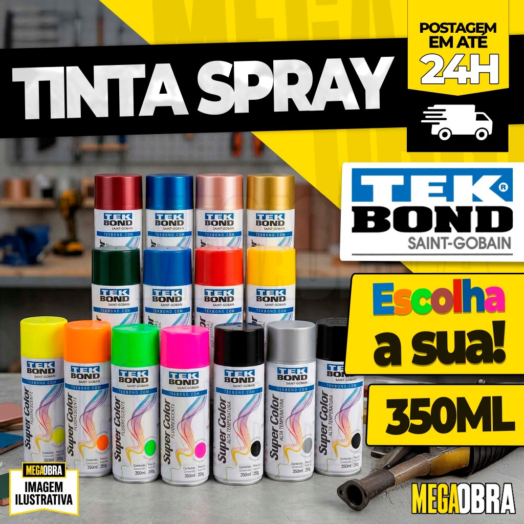 Tinta Spray TekBond 350ml Uso Geral, Verniz, Primer Luminosa e Alta Temperatura Diversas Cores