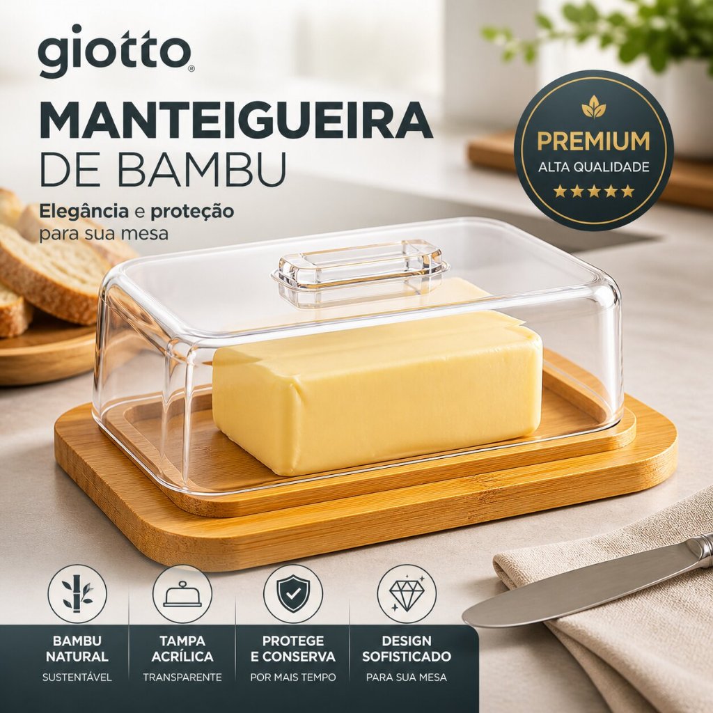 Manteigueira de Bambu com Tampa de Acrílico com pegador Queijo Alimentos Cozinha casa mesa