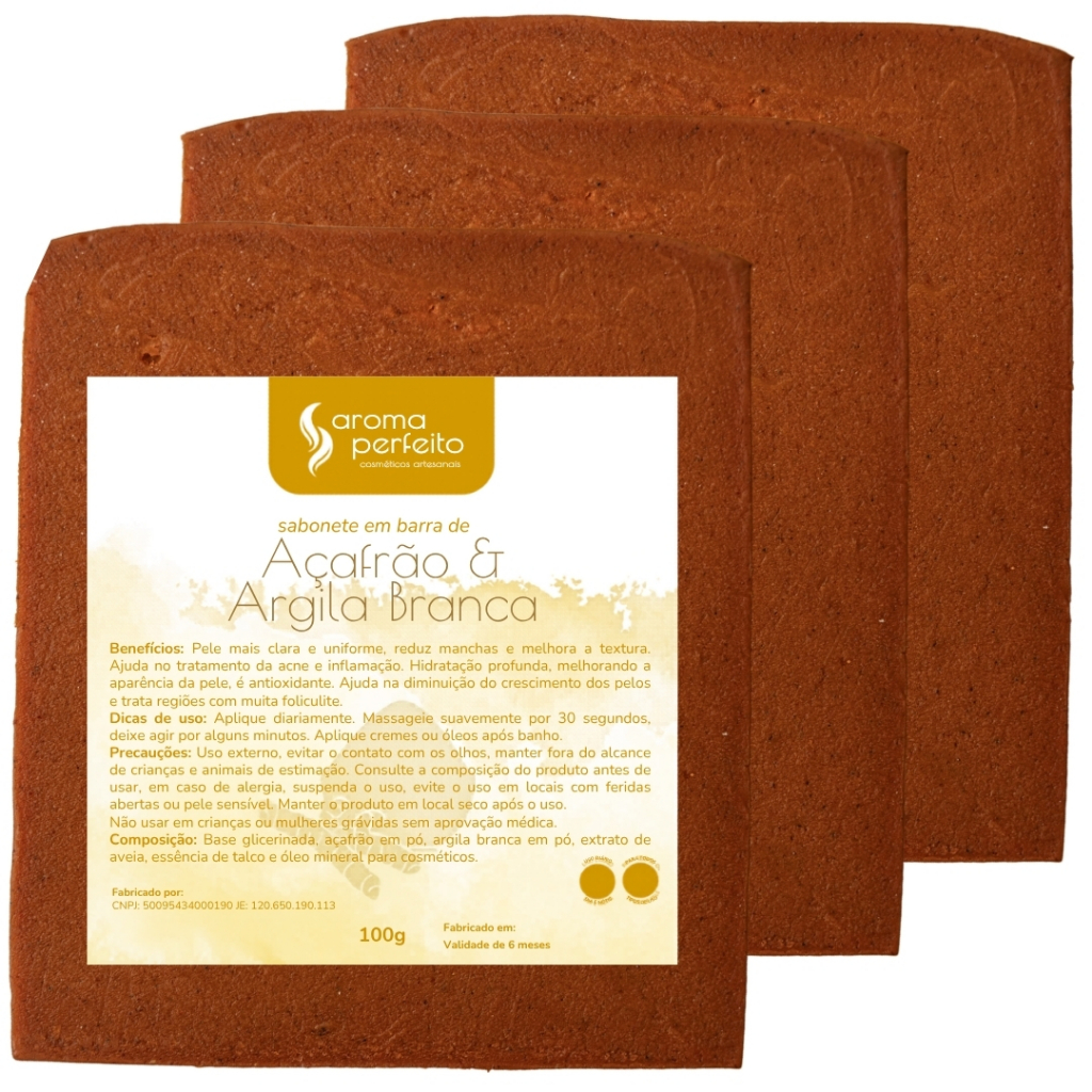 Kit 3 sabonetes de açafrão e argila branca (depila e clareia) 100g cada