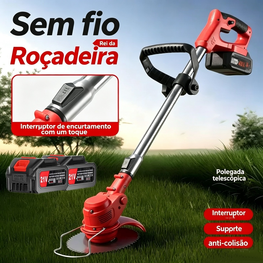 Cortador de grama sem fio recarregável para uso doméstico com 2 baterias 21V elétrico bivolt 110 ou 220V substituível