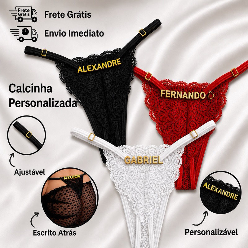 Calcinha Personalizada com Letras Nome e Frase Calcinhas escritas com letras Douradas e Pratas