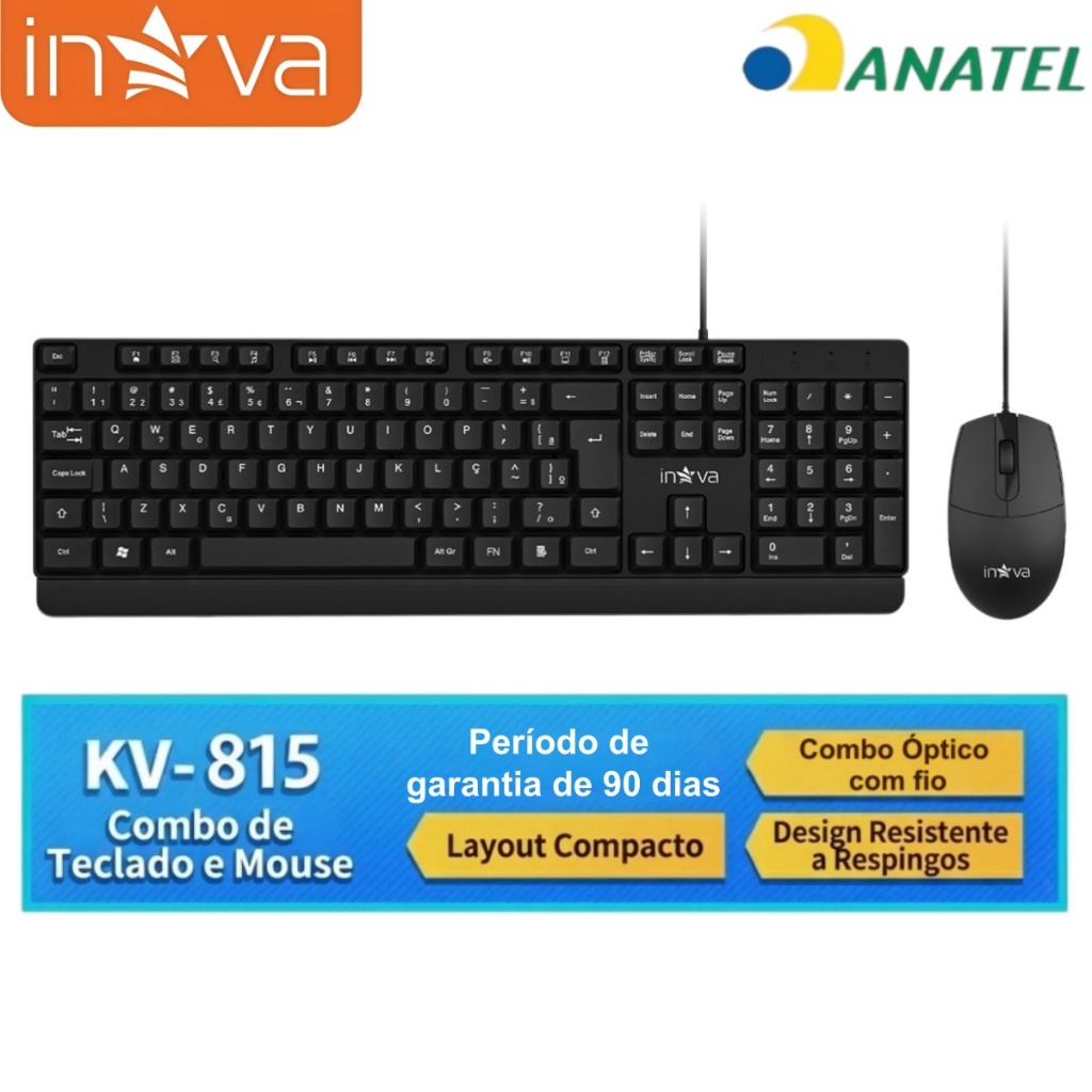 INOVA Kit Teclado e Mouse Com Fio USB ABNT2 Ergonomico Par