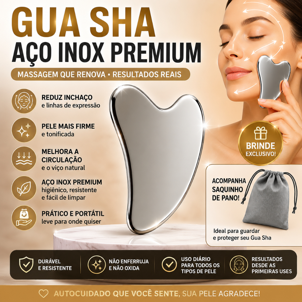 Pedra Anti Ruga Em Aço Inox Placa Gua Sha Massagem Facial - Skin Care + Saquinho P/ Guardar