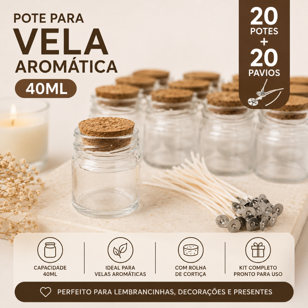 20 Pote De Vidro 40ml + 20 pavios Para Velas Tampa De Rolha Charmoso lindo