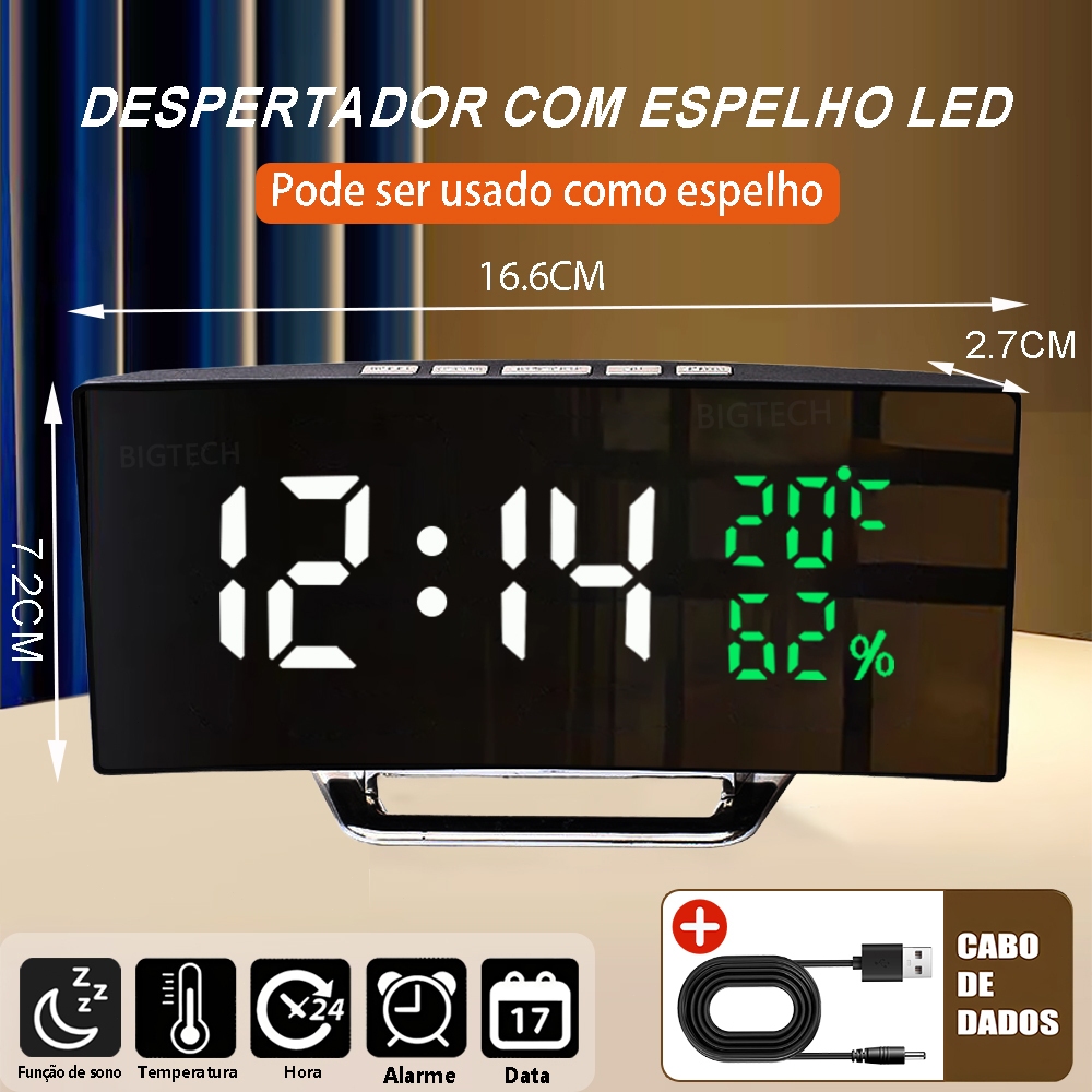 Relógio LED Digital Despertador Com Espelho Apresenta Exibição Da Hora, Data E Temperatura Função De Memória De Hora