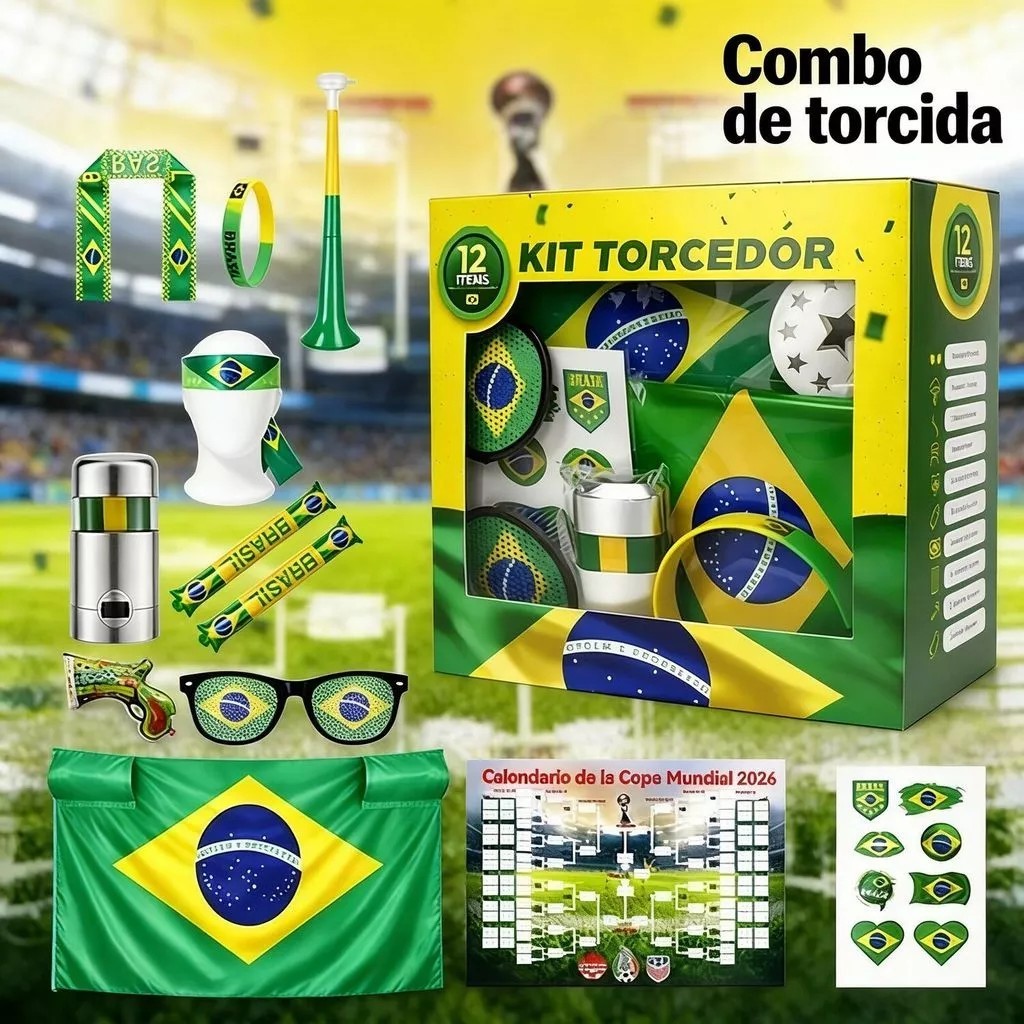 Kit 12 Itens Completos para Copa do Mundo 2026 Brasil Torça pela Copa do Mundo com a sua família!