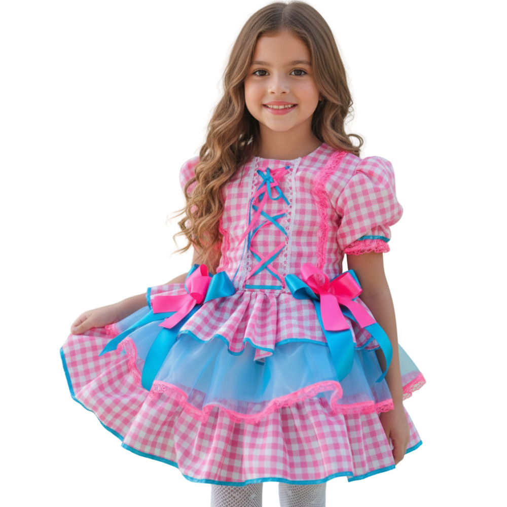 Vestido Caipira Junino Infantil Quadriculado Rosa Luxo