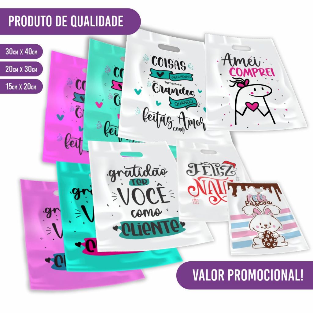 Sacola Plástica Boca de Palhaço Personalizada Diversas (Escolha o Modelo e Medida) 50 Unidades