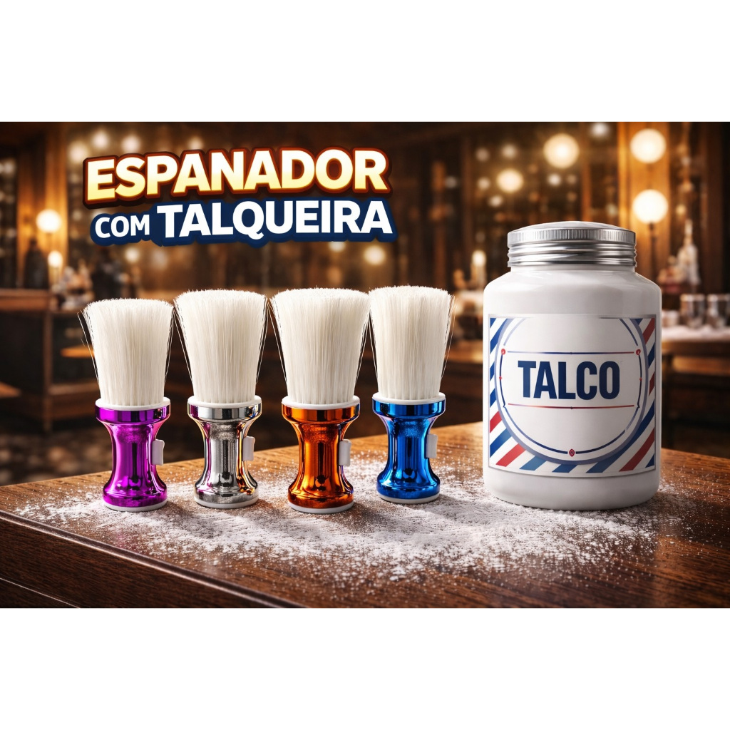 Espanador de Pescoço Profissional com Talqueira – Escova Barbeiro Cerdas Macias Alta Qualidade