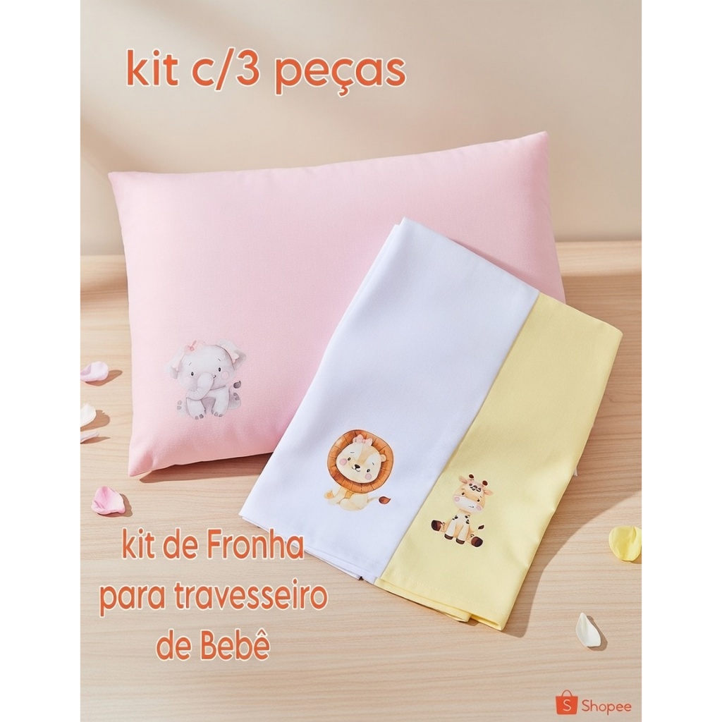 Kit de 3 Fronhas para Travesseiro de Bebê RN Berço 100% Algodão Maternidade Enxoval