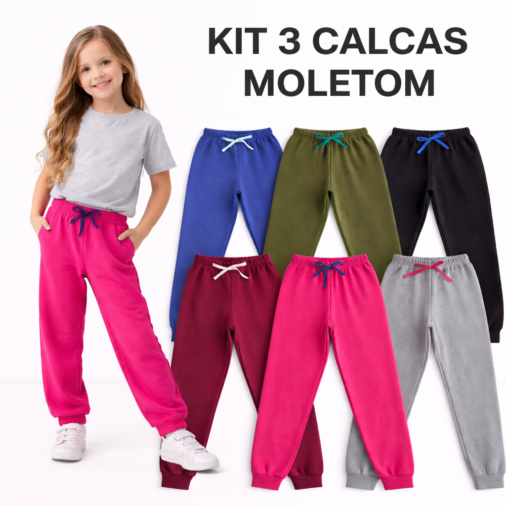 Kit 3 Calças Infantil Moletom Menino e Menina Unissex Inverno Confortável Com Elástico e Cordão | Tam 4 ao 14 anos