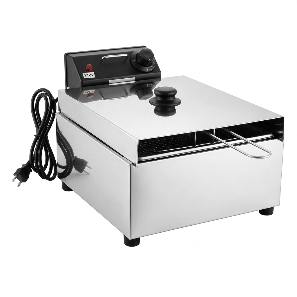 Fritadeira Elétrica Profissional em Inox 5 litros com 3.000 Watts + 1 Tampa ANTI RESPINGO - Eficiência e Qualidade.