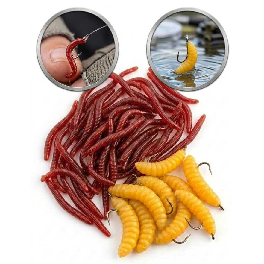 Kit 60 Iscas Artificiais Minhoca Bicho Laranja Pesca Tilapia Pacu Carpa Rio Curimba Pesqueiro Chinu