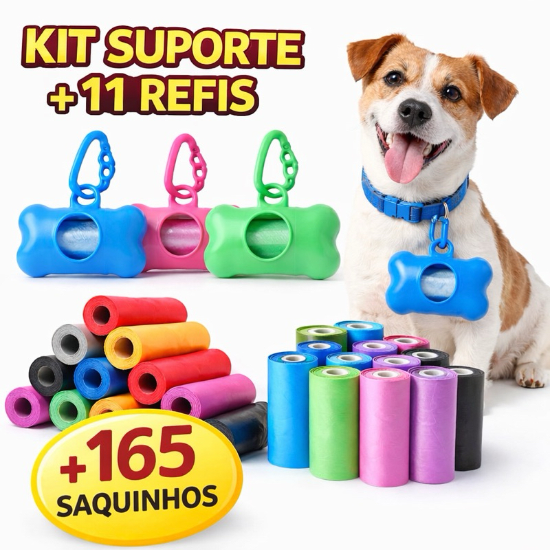 Kit Porta Saquinho Pet Cata Caca Cachorro + 11 Refis 165 Saquinhos | Suporte Passeio Pet