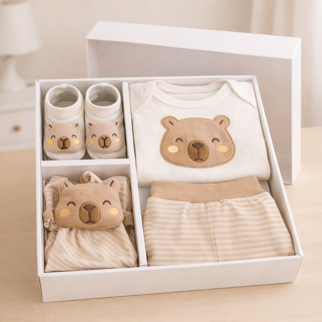 Presente Bebê Recém Nascido 4 Peças Body Manga Longa Calça Mijão Meia Pantufa e Naninha Enxoval