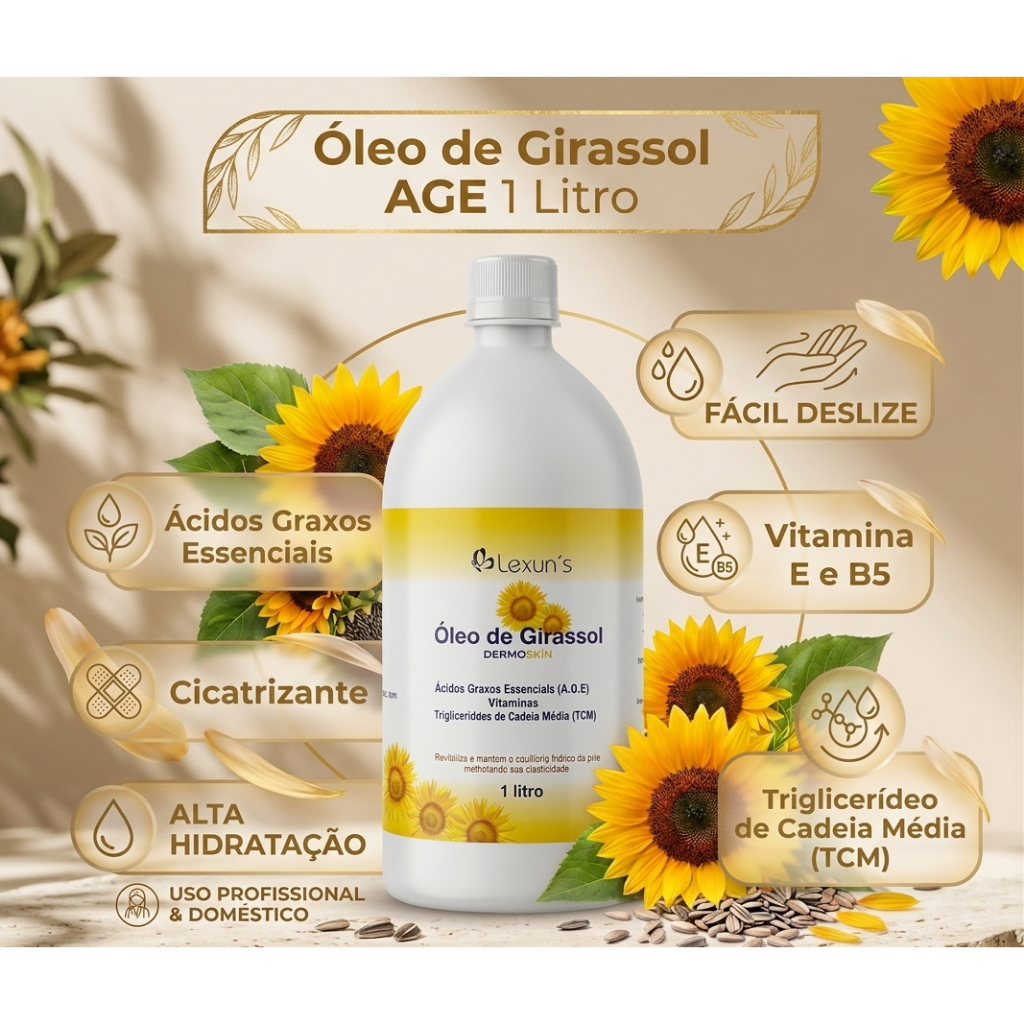 Óleo de Girassol A.G.E 1L Lexun's | Cicatrizante, Alta Hidratação, Vitamina E B5, TCM