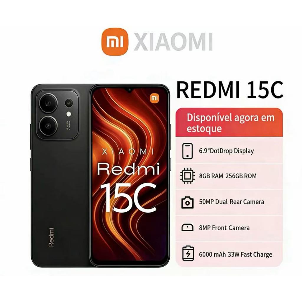 Celular Redmi 15C 4G, 256GB 8GB,Câmera 50MP, Bateria 6000mAh, Proteção IP64,SIM
