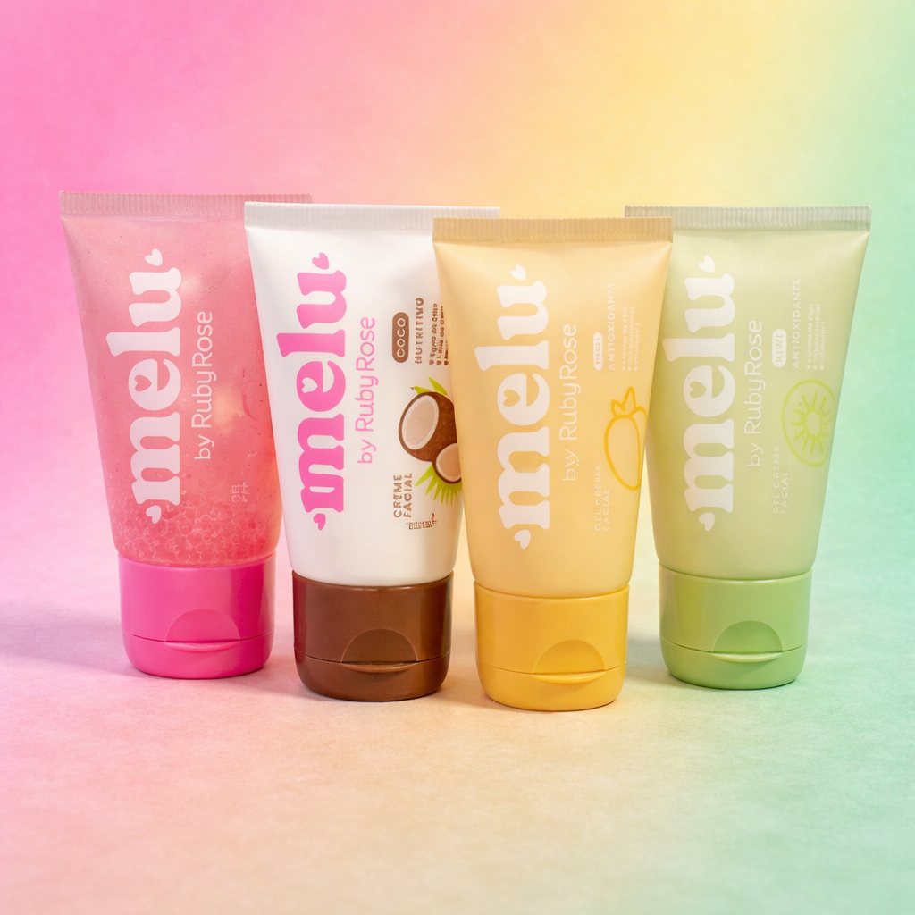 Hidratante e Creme Facial Melu Ruby Rose Gel ou Creme Skincare | Melancia, Côco, Kiwi e Pêssego