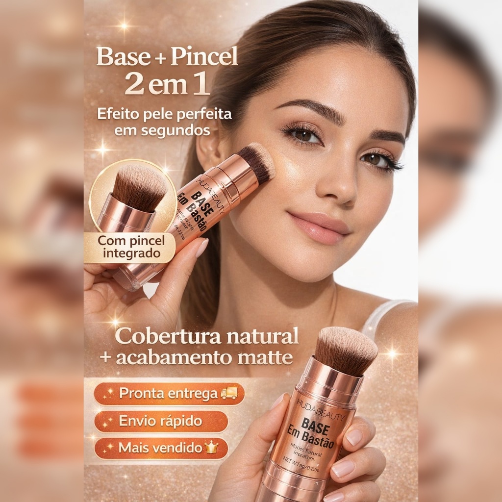 Base em Bastão com Pincel 2 em 1 | Fácil de Aplicar | Efeito Natural Matte | Pronta Entrega