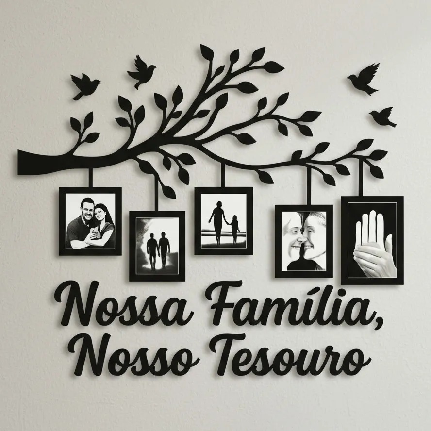 Quadro de Fotos Decoração Sala Porta Retrato MDF Árvore com Moldura Família