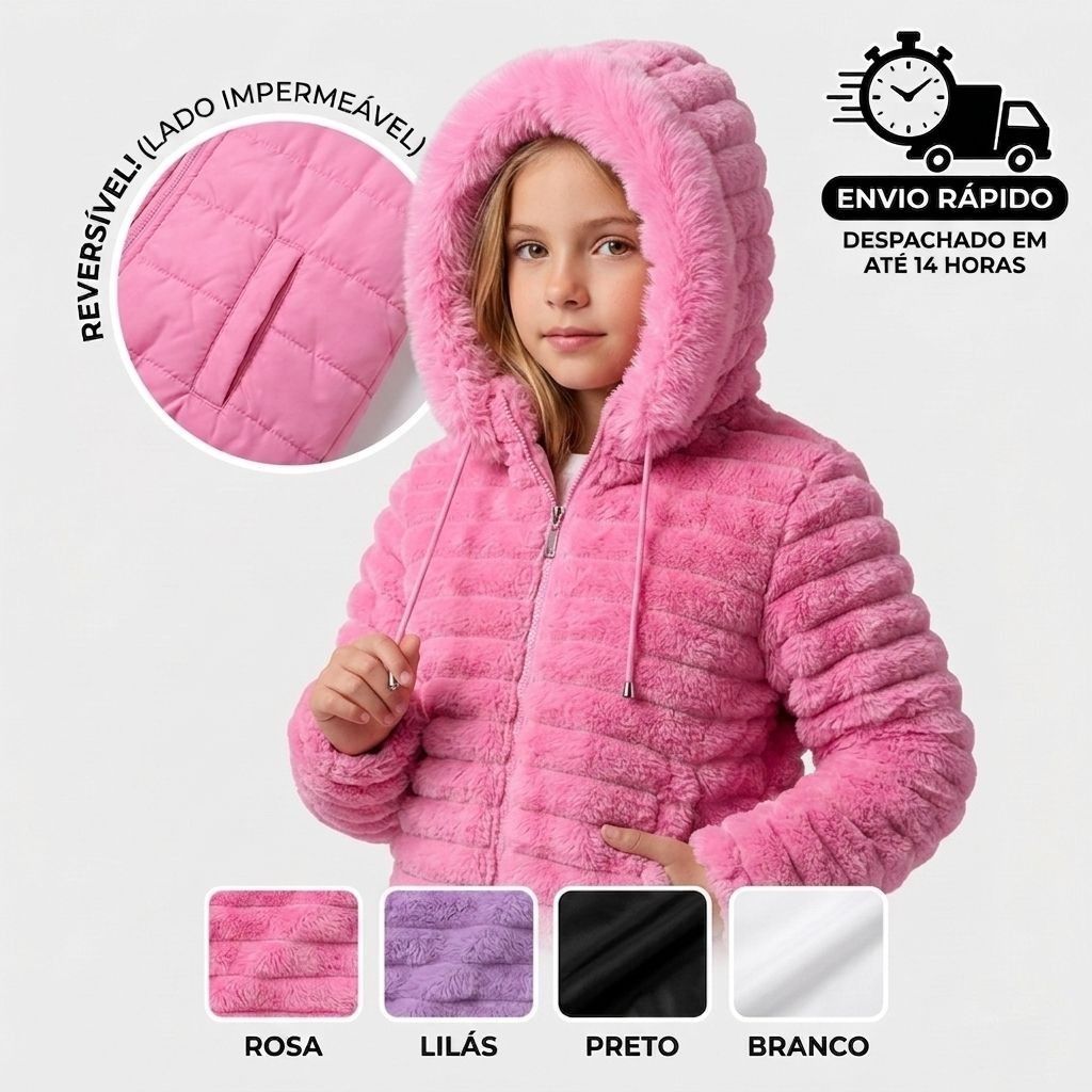 Jaqueta Infantil Menina Dupla Face Puffer Pelinho Casaco Capuz Removivel Inverno Luxo Premium