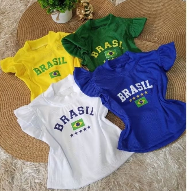 Blusa Infantil Feminina Brasil Canelada com Babado – Kit Copa / Torcida Premium