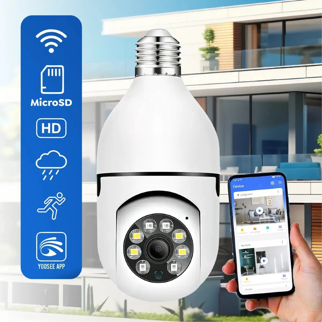 Câmera Wifi IP Sem Fio Giratória 360 Com Encaixe Lampada Icsee Full HD Visão Noturna Segurança E27