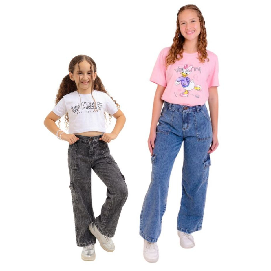 Calça Jeans Infantil juvenil Cargo Wide Leg Preta Grafite Estonada Blogueirinha Diva