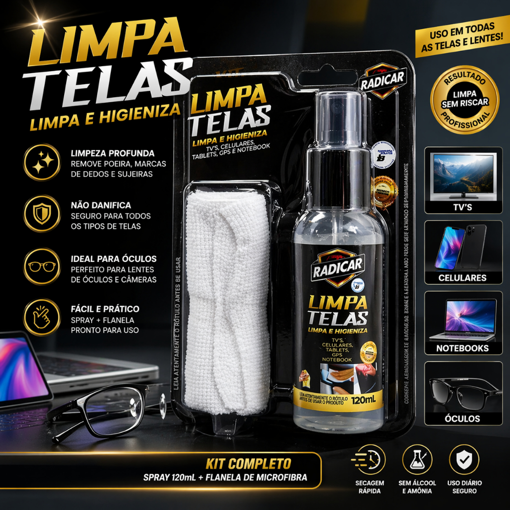 Kit Limpa tela óculos celular monitor TV computador com pano microfibra premium